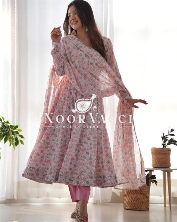 Buy Pink & Sky Orange Chiffon Floral Print Anarkali Set with Triangle Lace Dupatta