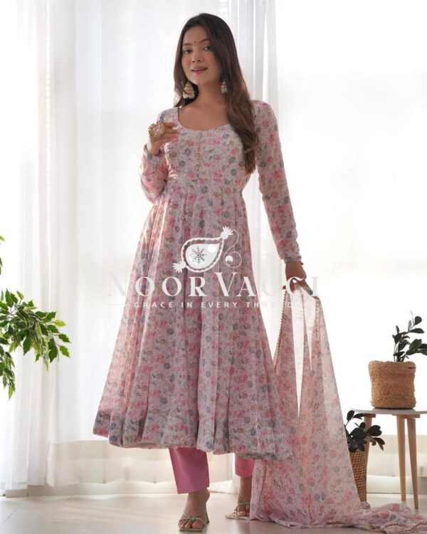 Buy Pink & Sky Orange Chiffon Floral Print Anarkali Set with Triangle Lace Dupatta - Image 9
