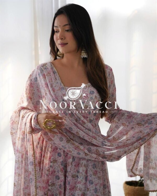 Buy Pink & Sky Orange Chiffon Floral Print Anarkali Set with Triangle Lace Dupatta - Image 3
