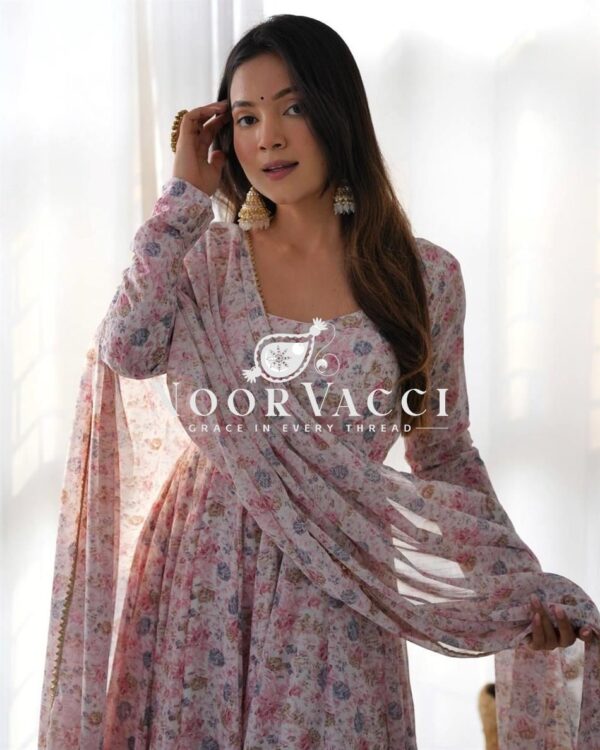 Buy Pink & Sky Orange Chiffon Floral Print Anarkali Set with Triangle Lace Dupatta - Image 5