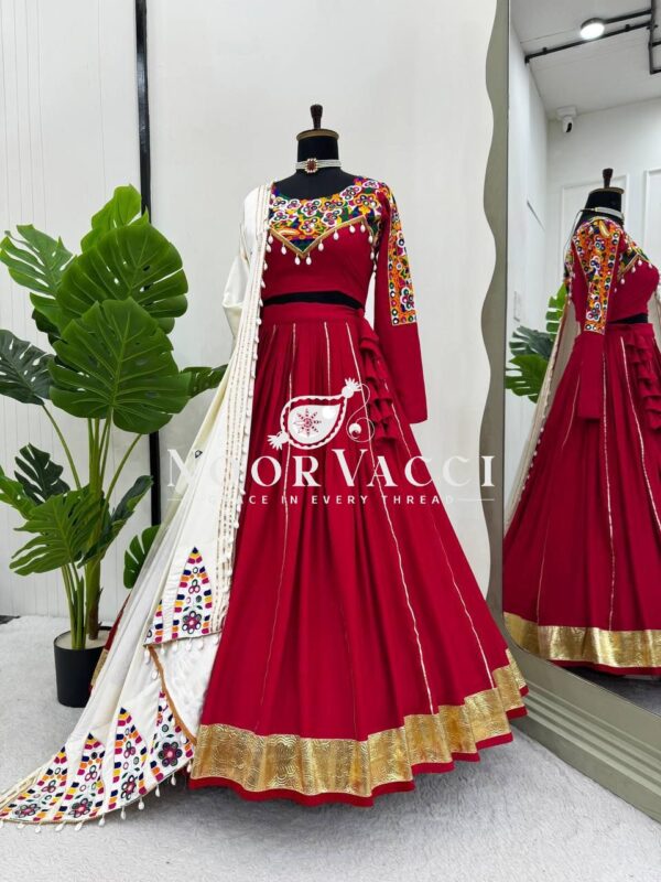 Shop Rayon Silk Semi-Stitched Lehenga Set with Real Mirror & Kodi Lace Work