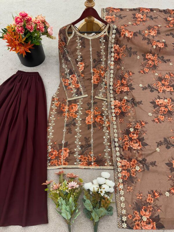 Shop Faux Georgette Embroidered Plazo Set with Dupatta - Image 5