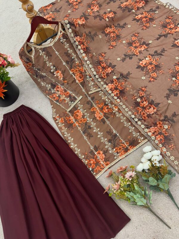 Shop Faux Georgette Embroidered Plazo Set with Dupatta - Image 7