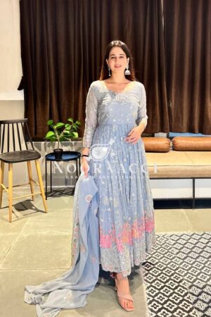 Buy Faux Georgette Embroidered Anarkali Suit with Dupatta and Pant