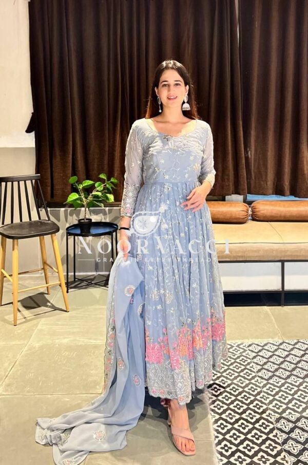 Buy Faux Georgette Embroidered Anarkali Suit with Dupatta and Pant