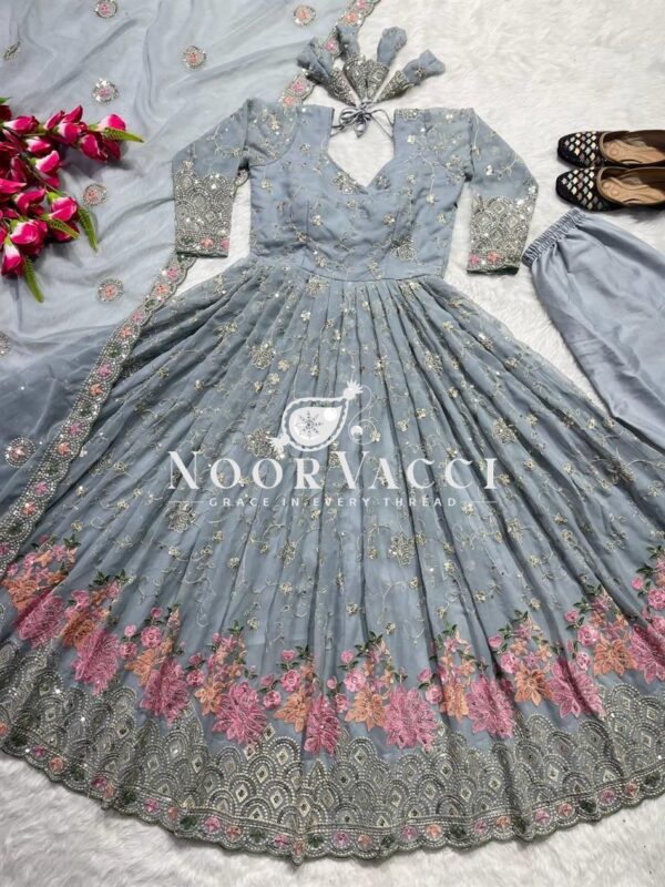 Buy Faux Georgette Embroidered Anarkali Suit with Dupatta and Pant - Image 5