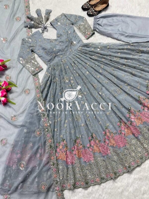 Buy Faux Georgette Embroidered Anarkali Suit with Dupatta and Pant - Image 3