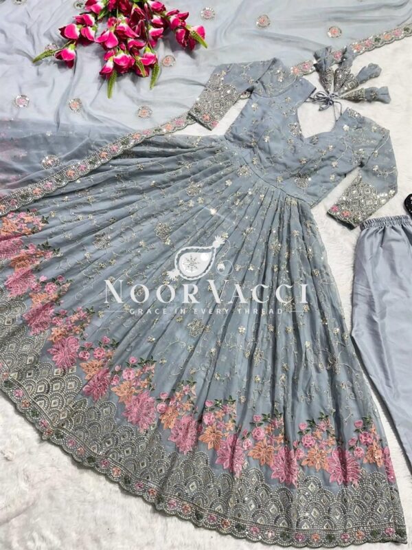 Buy Faux Georgette Embroidered Anarkali Suit with Dupatta and Pant - Image 6