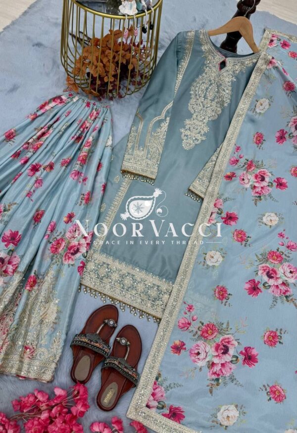 Buy Designer Chinon Silk Embroidered Top Plazzo & Dupatta Set - Image 4