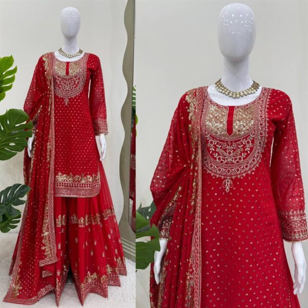 Shop Faux Georgette Sharara Set with Embroidery & Sequence Work - Image 2