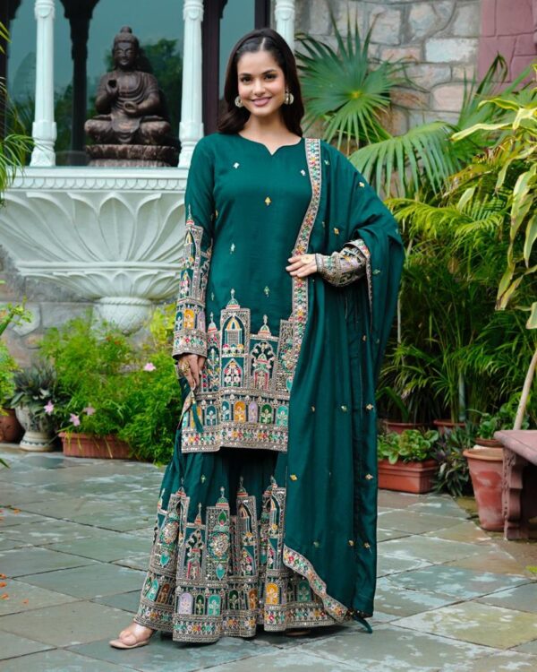 Pure Chinon Silk Heavy Embroidered Plazzo Set with Dupatta - Image 2