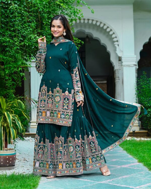 Pure Chinon Silk Heavy Embroidered Plazzo Set with Dupatta - Image 3