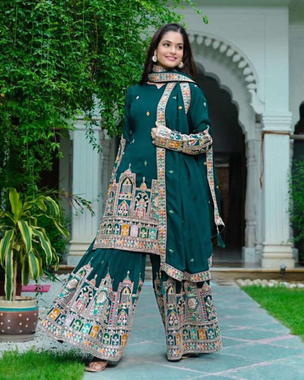 Pure Chinon Silk Heavy Embroidered Plazzo Set with Dupatta - Image 4