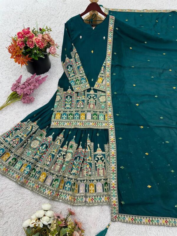 Pure Chinon Silk Heavy Embroidered Plazzo Set with Dupatta - Image 5