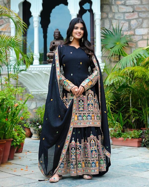 Pure Chinon Silk Heavy Embroidered Plazzo Set with Dupatta - Image 2