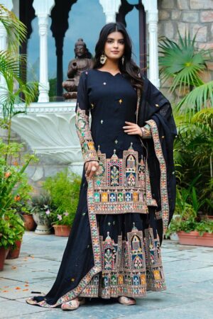 Pure Chinon Silk Heavy Embroidered Plazzo Set with Dupatta