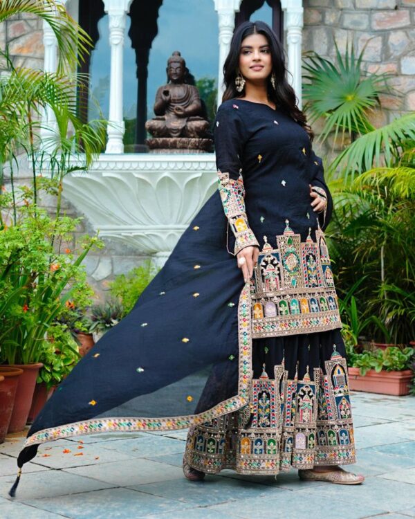 Pure Chinon Silk Heavy Embroidered Plazzo Set with Dupatta - Image 3