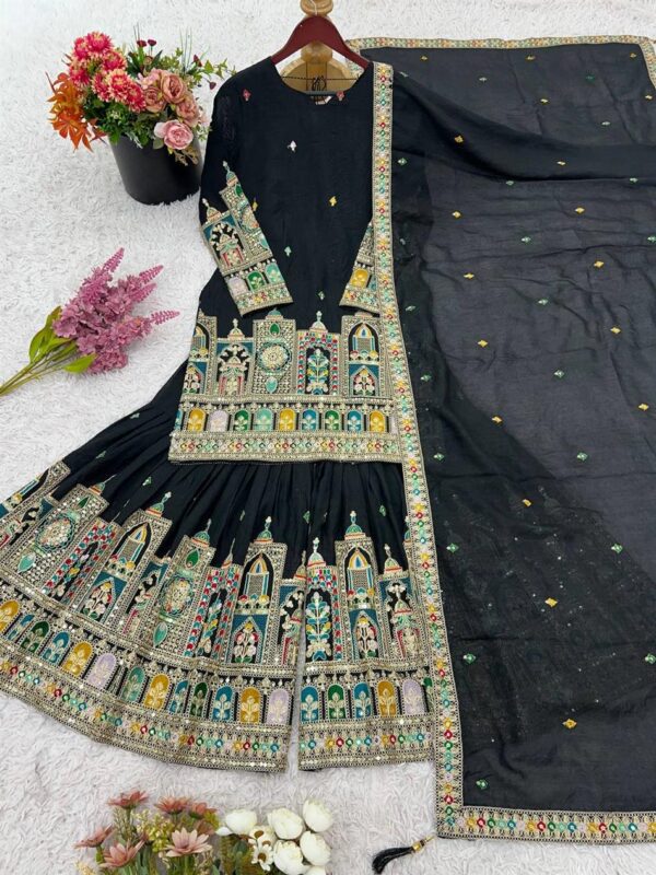 Pure Chinon Silk Heavy Embroidered Plazzo Set with Dupatta - Image 4