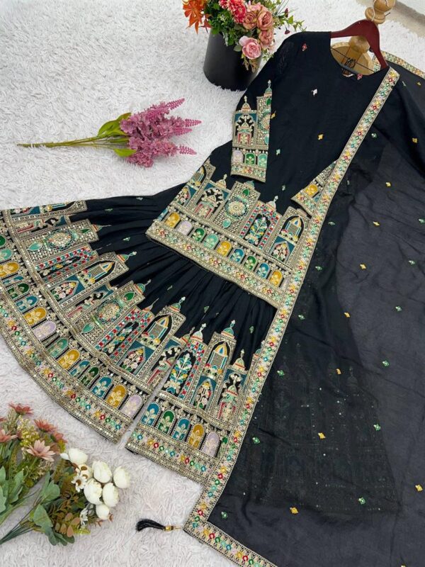 Pure Chinon Silk Heavy Embroidered Plazzo Set with Dupatta - Image 5
