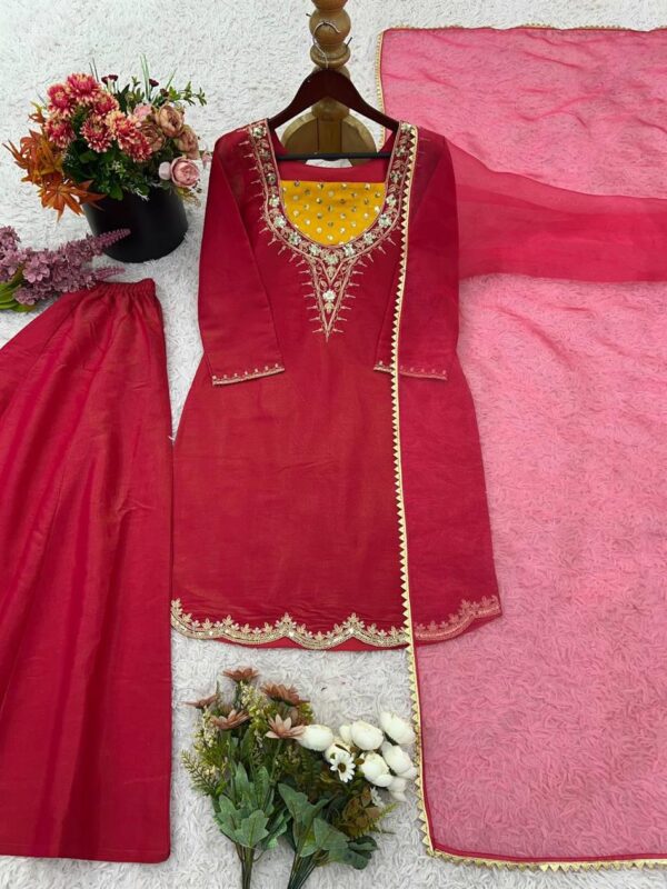 Simar Silk Embroidered Plazzo Set with Soft Tissue Dupatta - Image 2