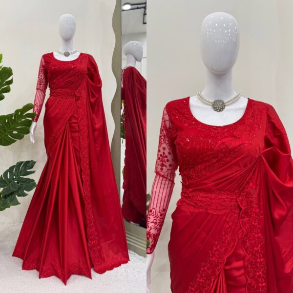 Designer Satin Silk Saree with Thread & Sequence Work Blouse and Belt - Image 2