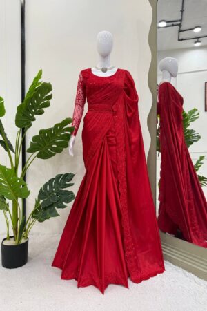 Designer Satin Silk Saree with Thread & Sequence Work Blouse and Belt