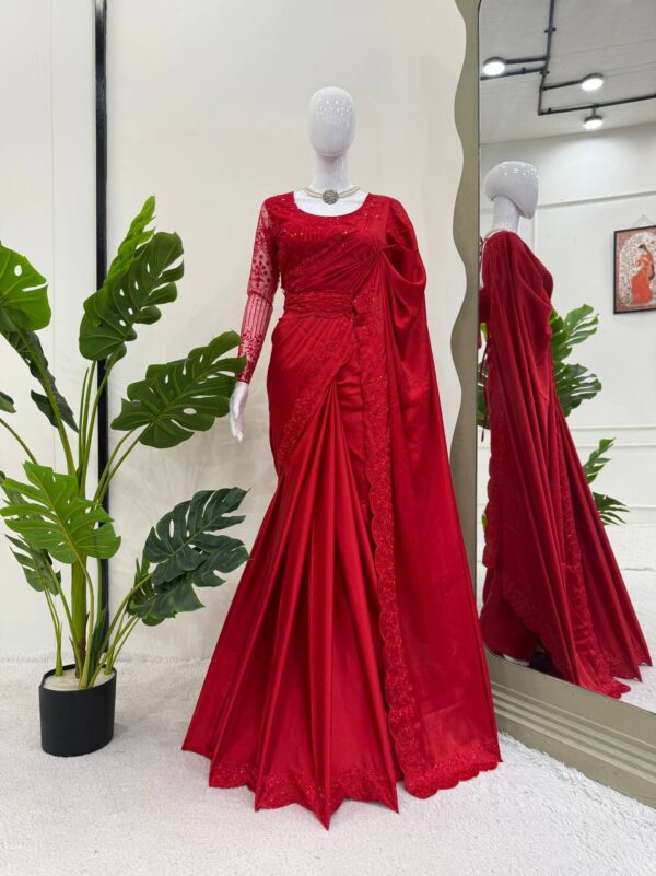 Designer Satin Silk Saree with Thread & Sequence Work Blouse and Belt