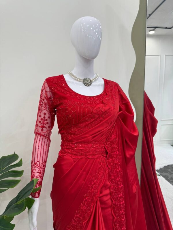 Designer Satin Silk Saree with Thread & Sequence Work Blouse and Belt - Image 3