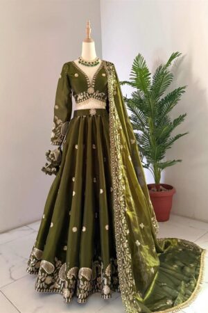 Jimi Choo Sequins Embroidered Lehenga Choli Set with Lace Border Dupatta