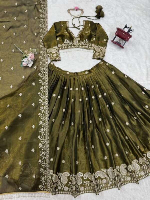 Jimi Choo Sequins Embroidered Lehenga Choli Set with Lace Border Dupatta - Image 4