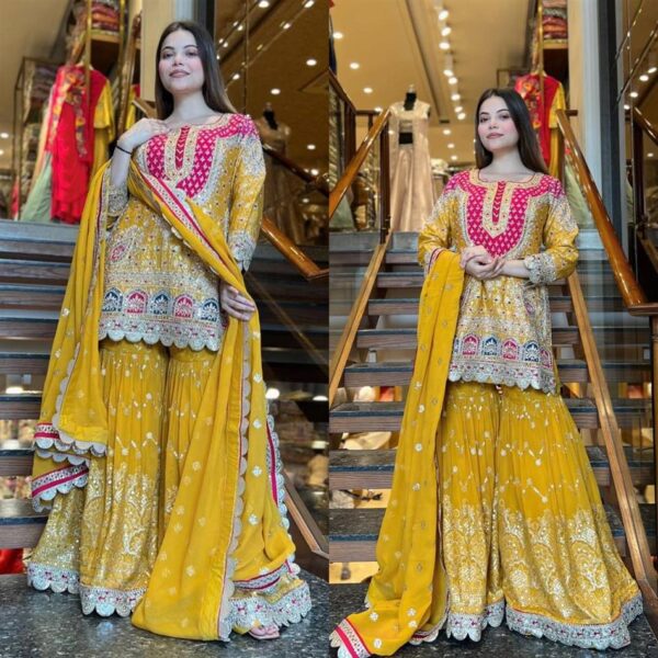 Faux Georgette Embroidered Sharara Plazo Set with Digital Print Dupatta - Image 2