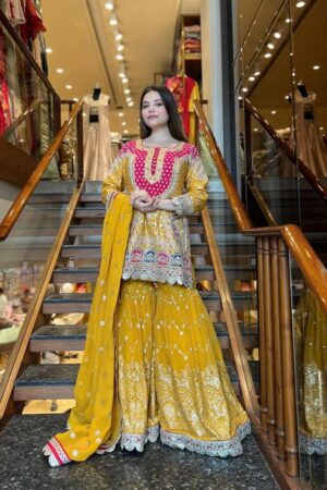 Faux Georgette Embroidered Sharara Plazo Set with Digital Print Dupatta