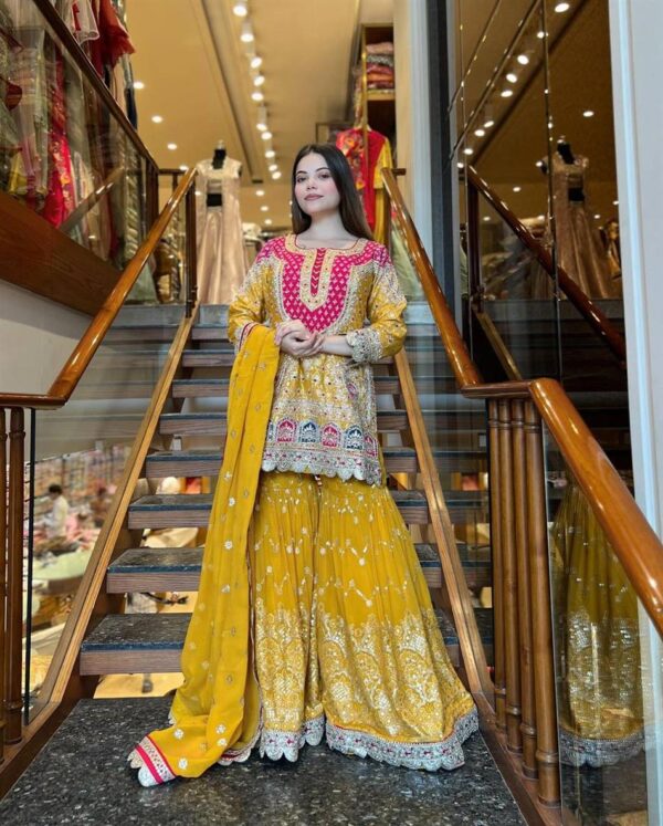 Faux Georgette Embroidered Sharara Plazo Set with Digital Print Dupatta