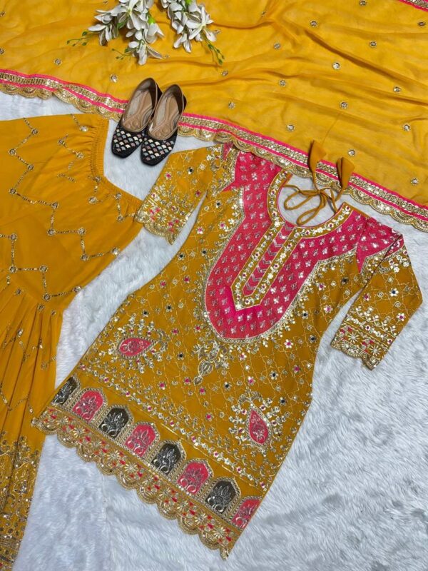 Faux Georgette Embroidered Sharara Plazo Set with Digital Print Dupatta - Image 3