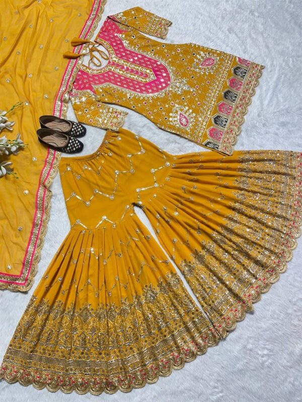 Faux Georgette Embroidered Sharara Plazo Set with Digital Print Dupatta - Image 4