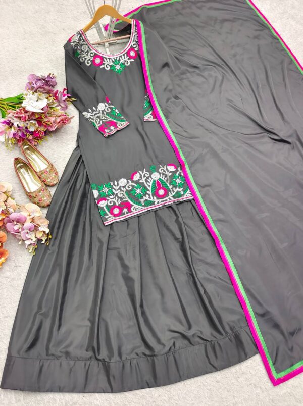 Pure Natural Satin Silk Embroidered Lehenga Set with Dupatta - Image 4