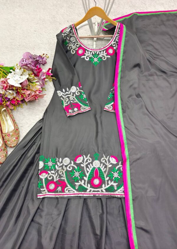 Pure Natural Satin Silk Embroidered Lehenga Set with Dupatta - Image 5