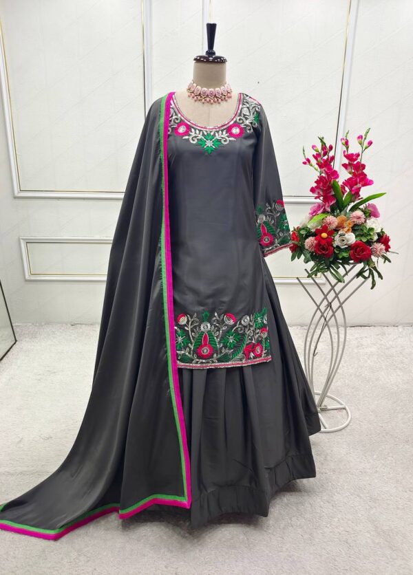 Pure Natural Satin Silk Embroidered Lehenga Set with Dupatta - Image 2