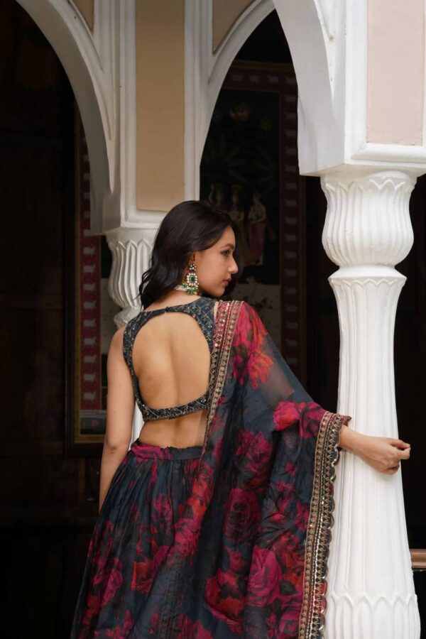 Tabby Organza Digital Print Lehenga Choli Set with Lace Border Dupatta - Image 2