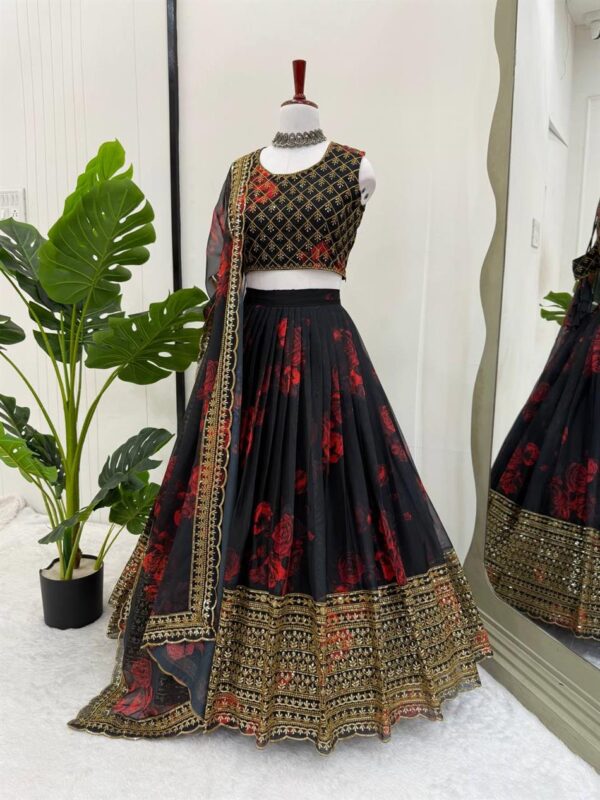 Tabby Organza Digital Print Lehenga Choli Set with Lace Border Dupatta - Image 4
