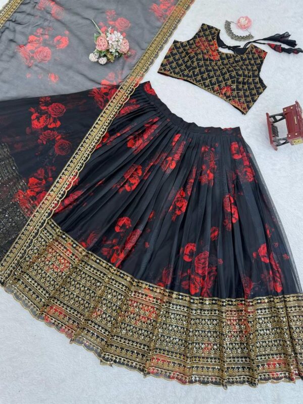Tabby Organza Digital Print Lehenga Choli Set with Lace Border Dupatta - Image 5