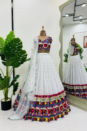 Navratri Special Faux Georgette Mirror Work Lehenga Choli Set with Lace Dupatta