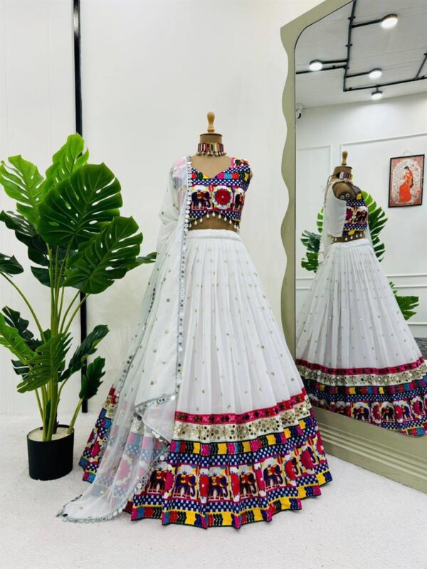 Navratri Special Faux Georgette Mirror Work Lehenga Choli Set with Lace Dupatta