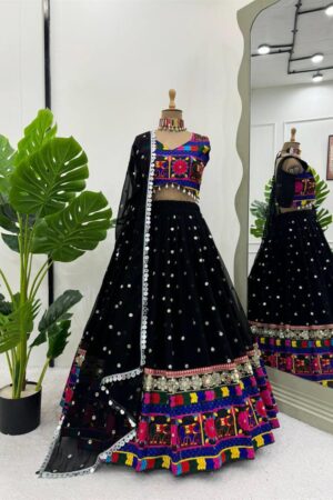 Navratri Special Faux Georgette Mirror Work Lehenga Choli Set with Lace Dupatta
