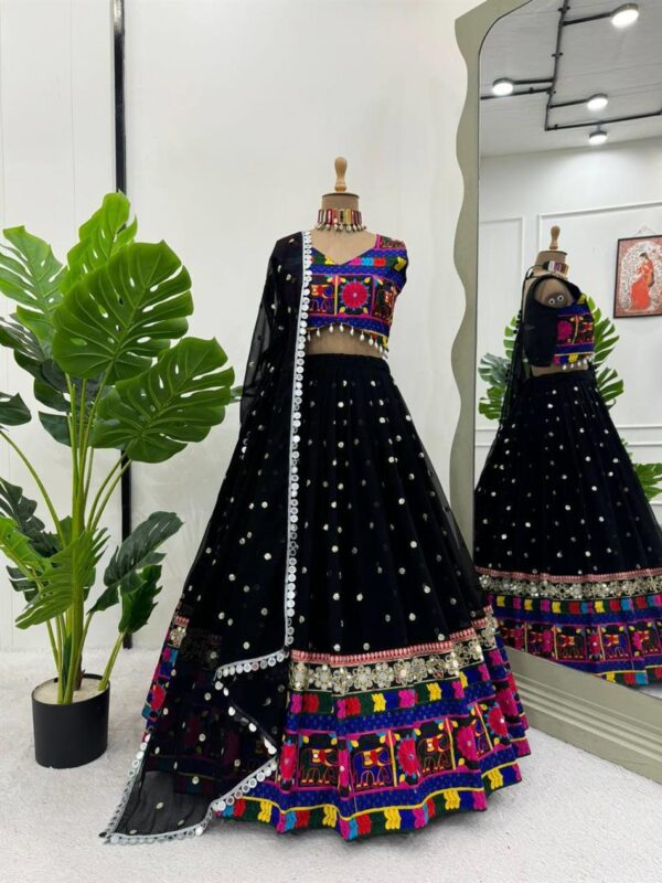 Navratri Special Faux Georgette Mirror Work Lehenga Choli Set with Lace Dupatta