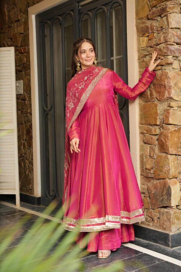 Roman Simmer Silk Gown-Style Plazzo Set with Embroidered Dupatta - Image 2
