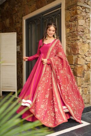 Roman Simmer Silk Gown-Style Plazzo Set with Embroidered Dupatta