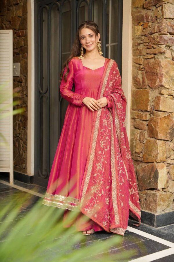 Roman Simmer Silk Gown-Style Plazzo Set with Embroidered Dupatta - Image 3