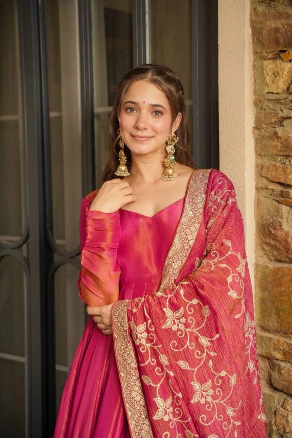 Pure Cosmos Embroidered Gown Plazzo Set with Dupatta - Image 3