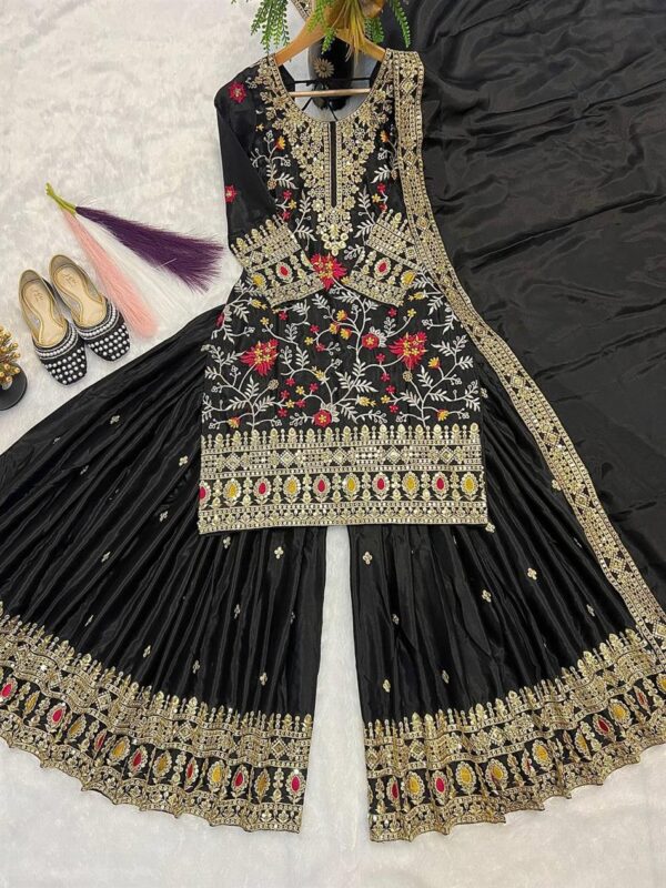 Chinon Silk Embroidered Top with Sharara Plazzo and Dupatta - Image 4
